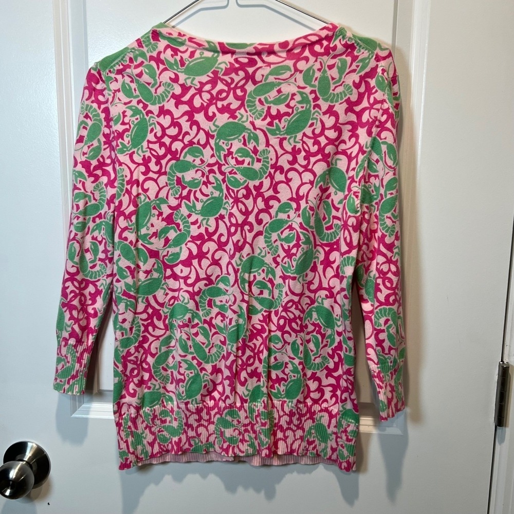 LL Bean Lobster Crab Print Cardigan Sweater Pink Green Cotton Size‎ M Coastal - Picture 4 of 7